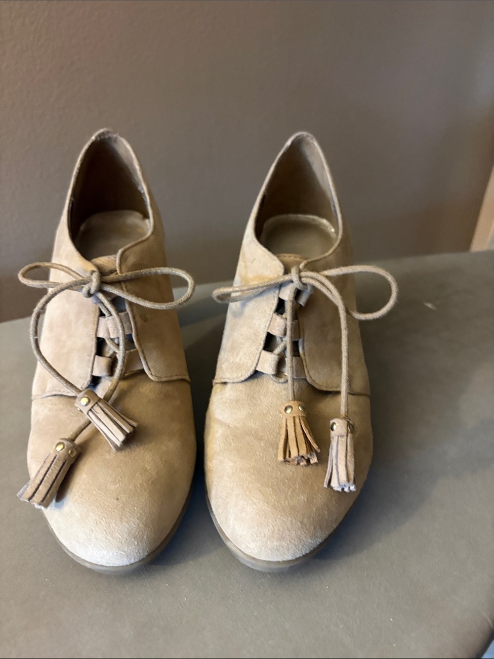 Women's Beige Suede Lace-Up Tassel Boots